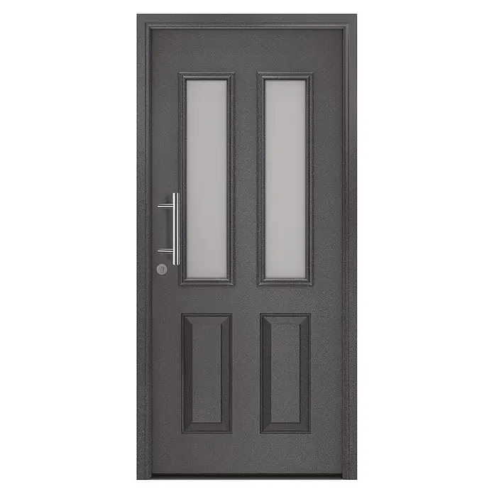 Hörmann EcoStar Haustür ISOPRO Secur IPS 410S - 110 x 210 cm, DIN Anschlag: Links, CH 703 Anthrazit Metallic - Dunkelgraue strukturierte Tür mit zwei Milchglasscheiben, zwei erhabenen Paneelen, einem Chromgriff und einem Schlüsselloch.
