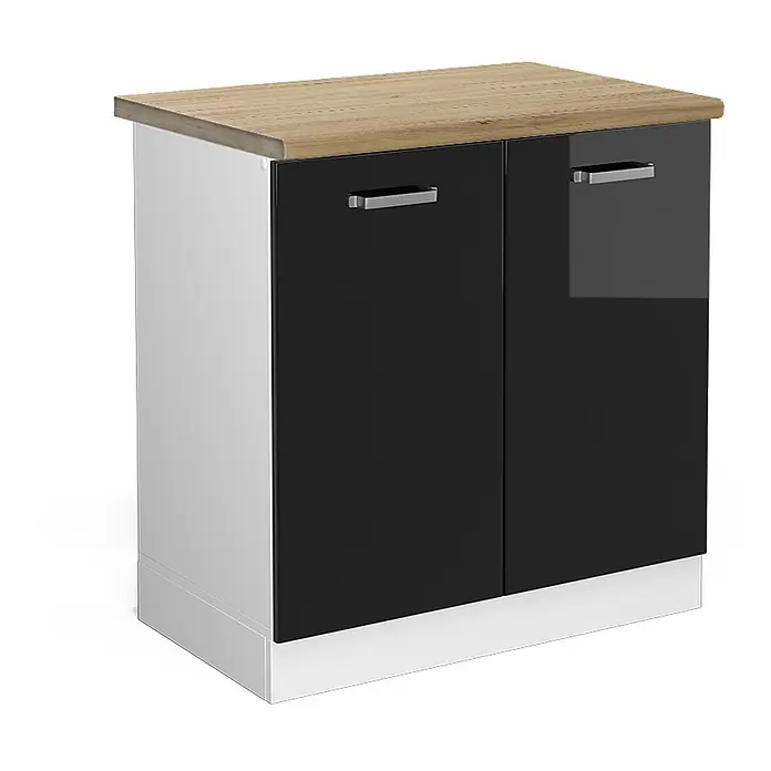 Vicco Schrankküche R-Line Schwarz Hochglanz, AP Eiche - Schwarz Hochglanz, Spülenunterschrank 80 cm - Kleiner Schrank mit heller Holzplatte, weißem Rahmen und zwei glänzenden schwarzen Türen mit silbernen Griffen.