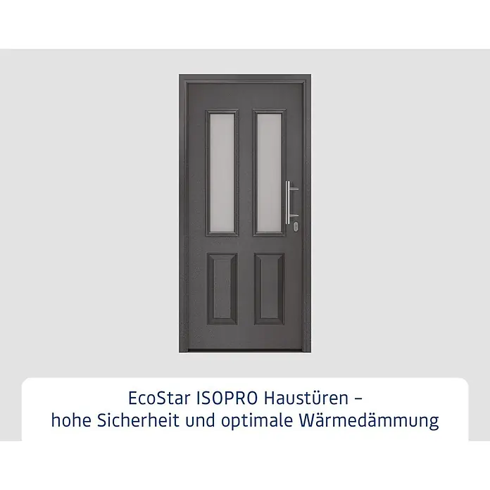 Hörmann EcoStar Haustür ISOPRO IP 410S - 110 x 210 cm, DIN Anschlag: Rechts, CH 703 Anthrazit Metallic - Dunkelgraue, strukturierte EcoStar ISOPRO Haustür mit zwei Milchglaseinsätzen, zwei Vollfeldern und Chromgriff.