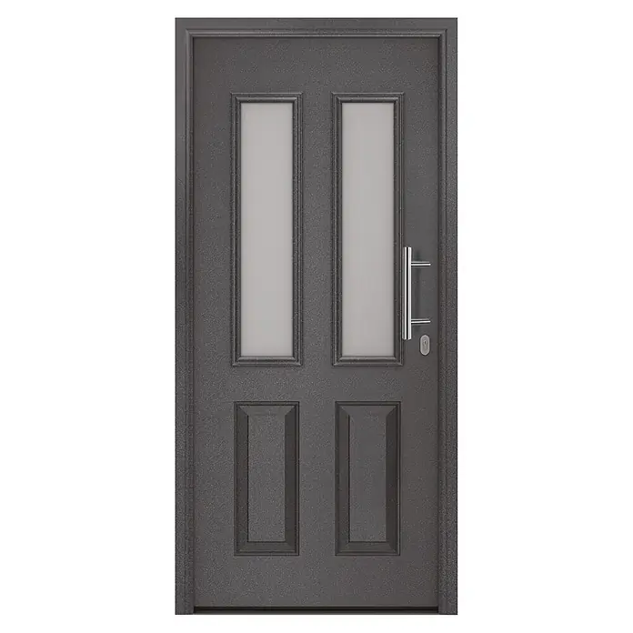 Hörmann EcoStar Haustür ISOPRO IP 410S - 110 x 210 cm, DIN Anschlag: Rechts, CH 703 Anthrazit Metallic - Dunkelgraue strukturierte Tür mit zwei oberen Milchglasfeldern, zwei unteren Massivfeldern und einem Chrom-Stangengriff mit Schlüsselloch.