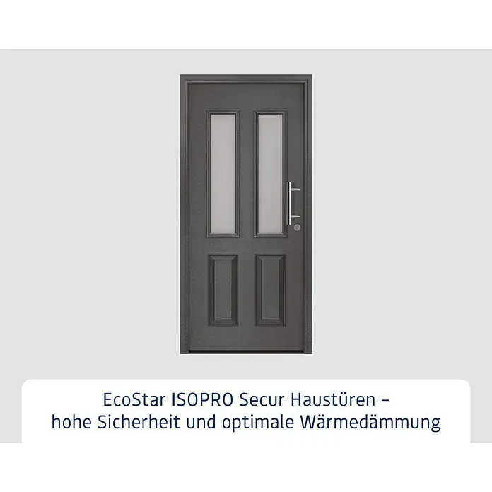 Hörmann EcoStar Haustür ISOPRO Secur IPS 410S - 110 x 210 cm, DIN Anschlag: Rechts, CH 703 Anthrazit Metallic - Dunkelgraue strukturierte Metall-Haustür mit zwei Milchglasfenstern und silbernem Stangengriff.