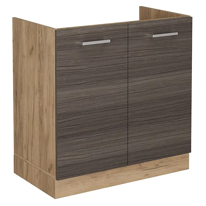 Vicco Schrankküche R-Line Edelgrau ohne Arbeitsplatte - Edelgrau, Spülenunterschrank 80 cm - Zweitüriger Unterschrank mit Türen in dunkler Holzmaserung, Seiten und Sockel in heller Holzoptik, und silbernen Griffen.