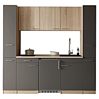 Respekta Küchenzeile Ingrid (Breite: 210 cm, Grau, Mit Kochfeld + Kühlschrank)