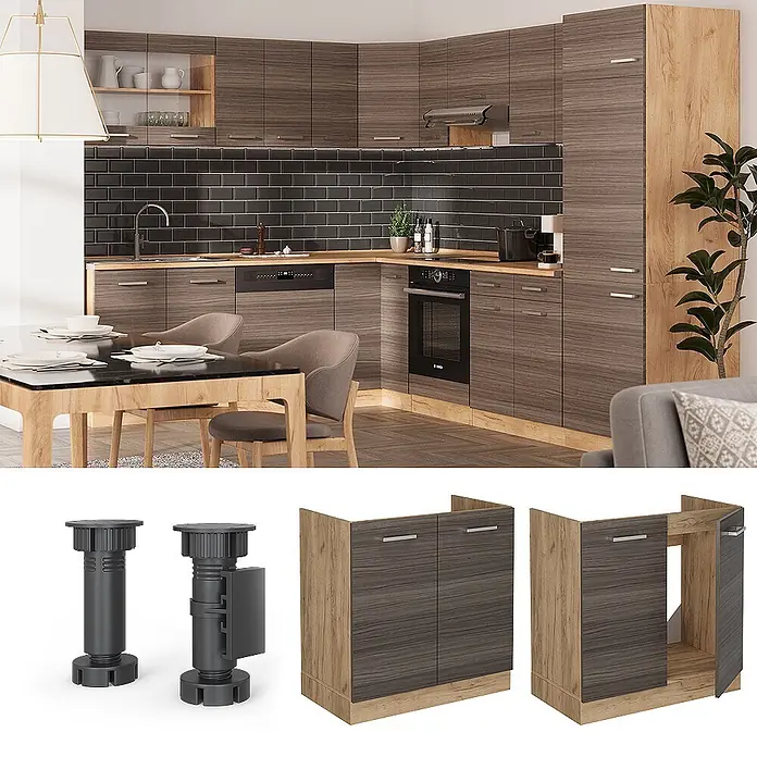 Vicco Schrankküche R-Line Edelgrau AP Marmor - Edelgrau, Spülenunterschrank 80 cm, AP Marmor - Moderne Küche mit dunklen Holzmaserungsschränken, hellen Holzakzenten. Zeigt auch schwarze verstellbare Schrankfüße.