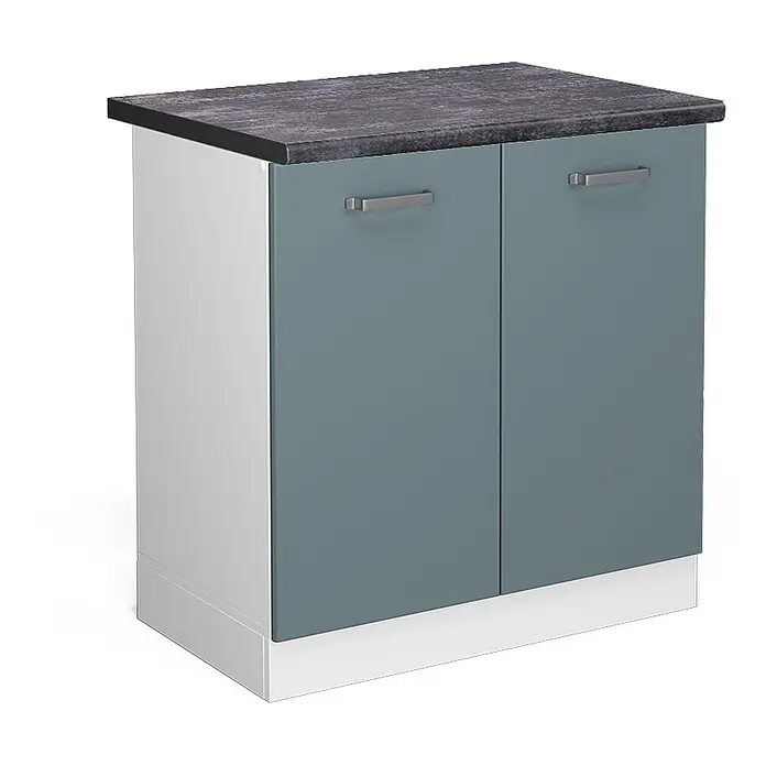 Vicco Schrankküche R-Line Blau-Grau, AP Anthrazit - Blau-Grau, Spülenunterschrank 80 cm, AP Anthrazit - Kleiner zweitüriger Schrank mit dunkelgrauer Steinoptik-Arbeitsplatte, hellgrauer Seite, tealfarbenen Türen mit silbernen Griffen und weißem Sockel.