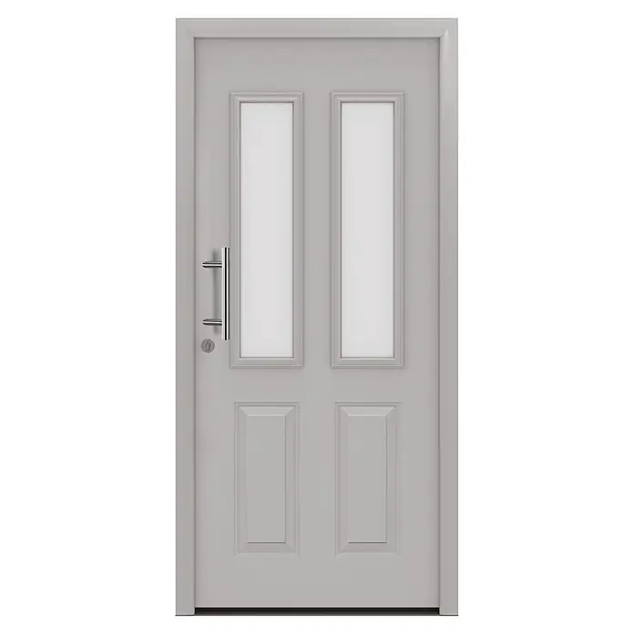 Hörmann EcoStar Haustür ISOPRO Secur IPS 410S - 110 x 210 cm, DIN Anschlag: Links, Weißaluminium - Graue moderne Tür mit zwei Glaspaneelen, zwei Vollpaneelen, Chrom-Stangengriff und Schlüsselloch.