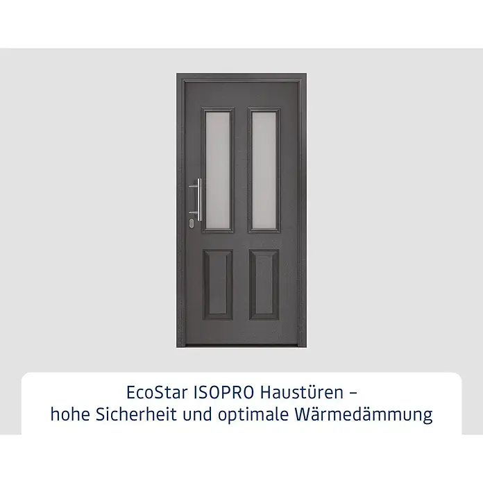 Hörmann EcoStar Haustür ISOPRO IP 410S - 110 x 210 cm, DIN Anschlag: Links, CH 703 Anthrazit Metallic - Dunkelgraue Haustür mit zwei Milchglaseinsätzen und einem silbernen Griff.