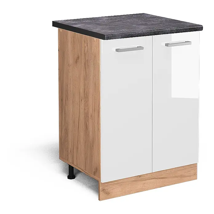 Vicco Schrankküche R-Line Weiß Hochglanz, AP Anthrazit - Weiß Hochglanz, Unterschrank 60 cm - Weißer Küchenunterschrank mit zwei Türen, dunkler Arbeitsplatte und Holzdekor-Seitenwand und -Sockel.