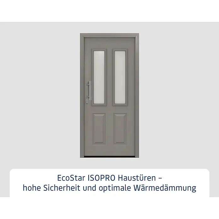 Hörmann EcoStar Haustür ISOPRO IP 410S - 110 x 210 cm, DIN Anschlag: Links, Graualuminium - Eine graue Eingangstür mit zwei vertikalen Milchglasscheiben und einem Chrom-Stangengriff.