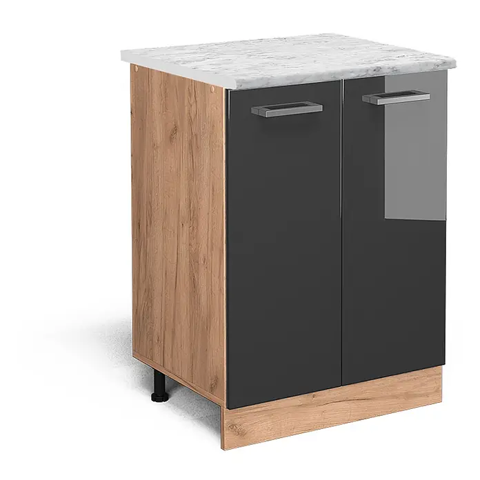 Vicco Schrankküche R-Line Anthrazit Hochglanz AP Marmor - Anthrazit Hochglanz, Unterschrank 60 cm, AP Marmor - Kleiner Unterschrank mit weißer Marmor-Arbeitsplatte, Seitenpaneele in Holzoptik und zwei glänzenden anthrazitfarbenen Türen mit Silbergriffen.