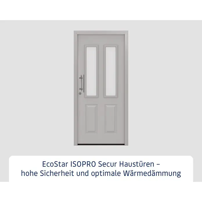 Hörmann EcoStar Haustür ISOPRO Secur IPS 410S - 110 x 210 cm, DIN Anschlag: Links, Weißaluminium - Hellgraue Haustür mit zwei vertikalen Glaseinsätzen, zwei unteren Füllungen und einem silbernen Stangengriff.