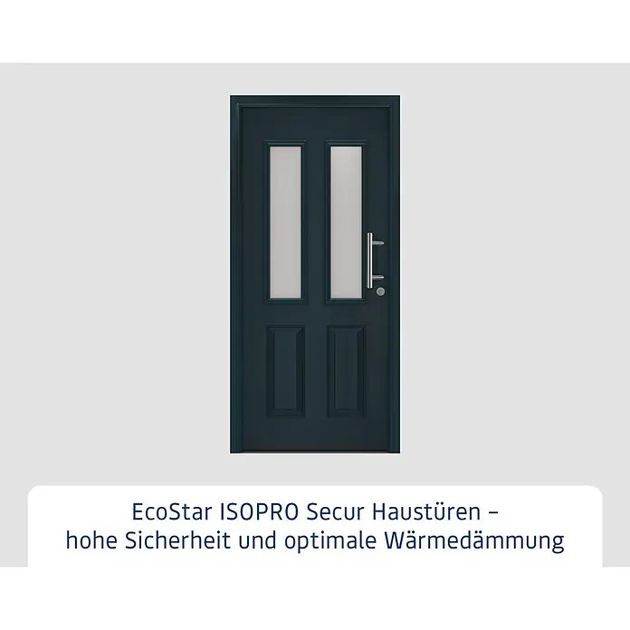 Hörmann EcoStar Haustür ISOPRO Secur IPS 410S - 110 x 210 cm, DIN Anschlag: Rechts, Anthrazitgrau - Dunkelblaue Tür mit zwei vertikalen Glaseinsätzen, einem langen silbernen Griff und Schlüsselloch.