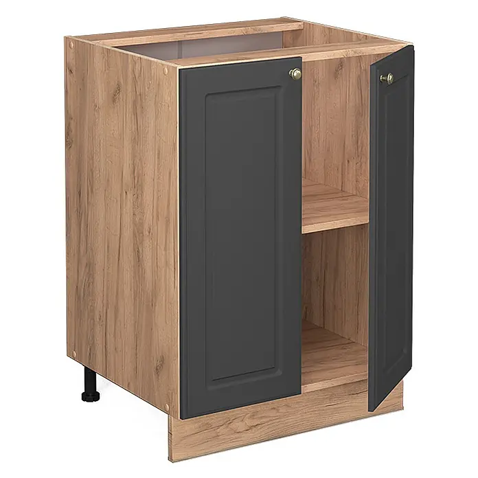 Vicco Schrankküche Fame-Line Anthrazit-Gold, AP Eiche - Anthrazit-Gold, Unterschrank 60 cm, AP Eiche - Unterschrank mit heller Holzoptik und anthrazitfarbenen Türen, eine Tür offen mit Regal.