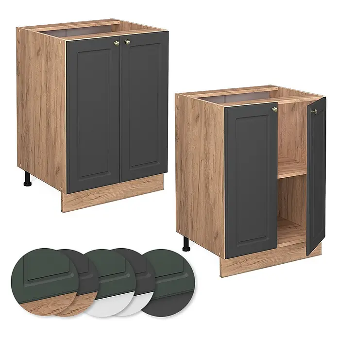 Vicco Schrankküche Fame-Line Anthrazit-Gold, AP Eiche - Anthrazit-Gold, Unterschrank 60 cm, AP Eiche - Küchenunterschrank mit Holzoptik-Korpus und dunkelgrauen Kassettentüren.