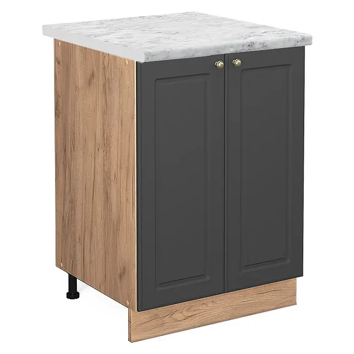 Vicco Schrankküche Fame-Line Anthrazit-Gold, AP Marmor - Anthrazit-Gold, Unterschrank 60 cm, AP Marmor - Küchenunterschrank mit zwei dunkelgrauen Türen, Holzoptik-Seiten und Sockelblende, sowie einer weißen Marmor-Arbeitsplatte.