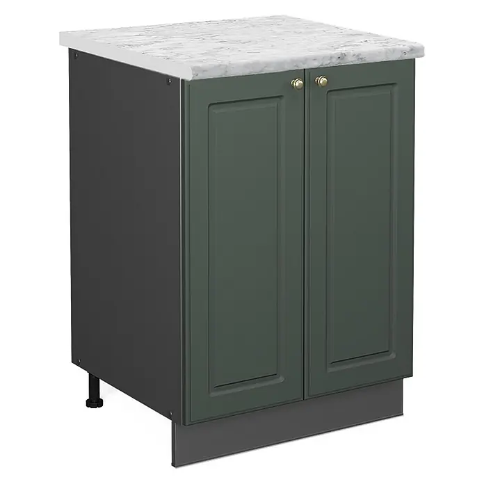 Vicco Schrankküche Fame-Line Grün-Gold Landhaus, AP Marmor - Grün-Gold Landhaus, Unterschrank 60 cm, AP Marmor - Dunkelgrüner Unterschrank mit zwei Türen, goldenen Knäufen, einer weißen Marmor-Arbeitsplatte und dunkelgrauer Sockelleiste.