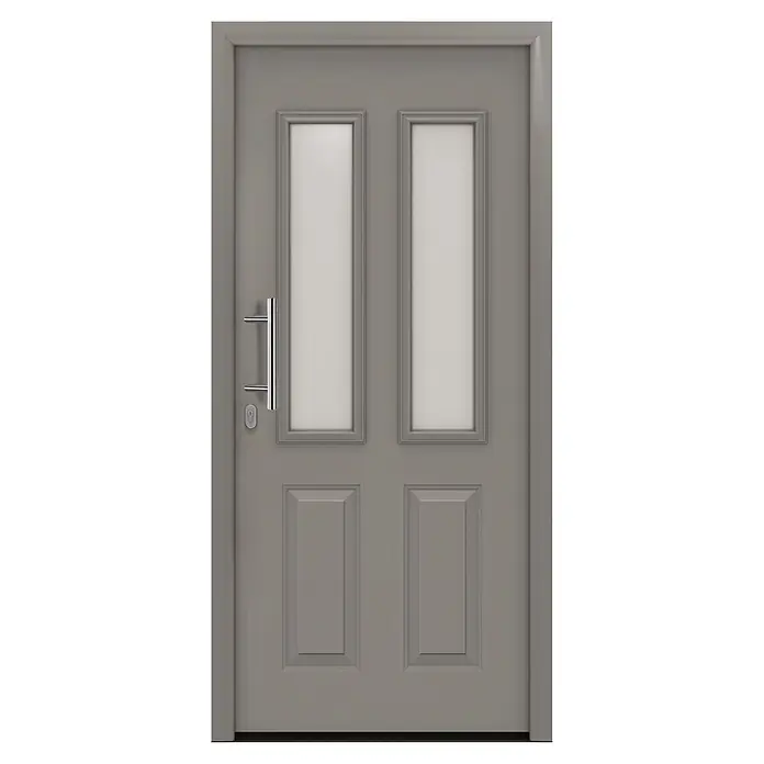 Hörmann EcoStar Haustür ISOPRO IP 410S - 110 x 210 cm, DIN Anschlag: Links, Graualuminium - Graue, moderne Tür mit zwei rechteckigen Milchglasscheiben und langem silbernem Griff.