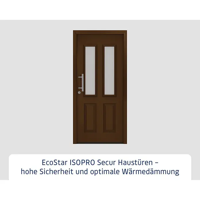 Hörmann EcoStar Haustür ISOPRO Secur IPS 410S - 110 x 210 cm, DIN Anschlag: Links, Terrabraun - Braune Haustür mit zwei vertikalen Glasscheiben und zwei unteren Füllungen, silberner Griff und Schloss.