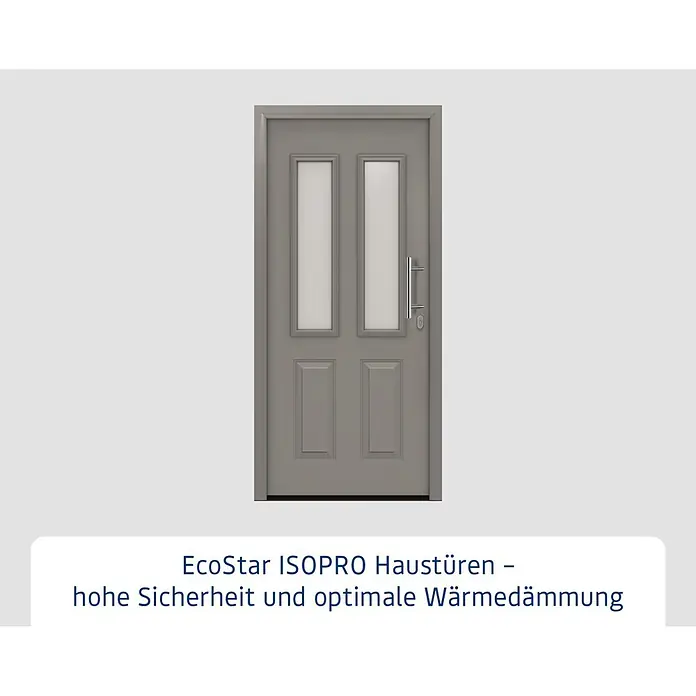 Hörmann EcoStar Haustür ISOPRO IP 410S - 110 x 210 cm, DIN Anschlag: Rechts, Graualuminium - Graue EcoStar ISOPRO Haustür mit zwei vertikalen Glaseinsätzen, zwei unteren Paneelen und Chromgriff für hohe Sicherheit und Wärmedämmung.