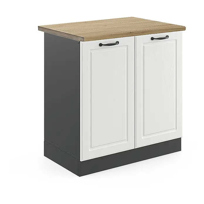 Vicco Schrankküche R-Line Weiß Landhaus, AP Eiche - Weiß Landhaus, Spülenunterschrank 80 cm - Küchenunterschrank mit Holzplatte, dunkelgrauem Korpus und zwei weißen Kassettentüren mit schwarzen Griffen.