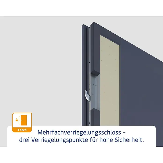Hörmann EcoStar Haustür ISOPRO Secur IPS 410S - 110 x 210 cm, DIN Anschlag: Rechts, Graualuminium - Nahaufnahme einer dunklen Tür mit 3-fach Verriegelungsschloss und drei metallischen Riegeln für hohe Sicherheit.