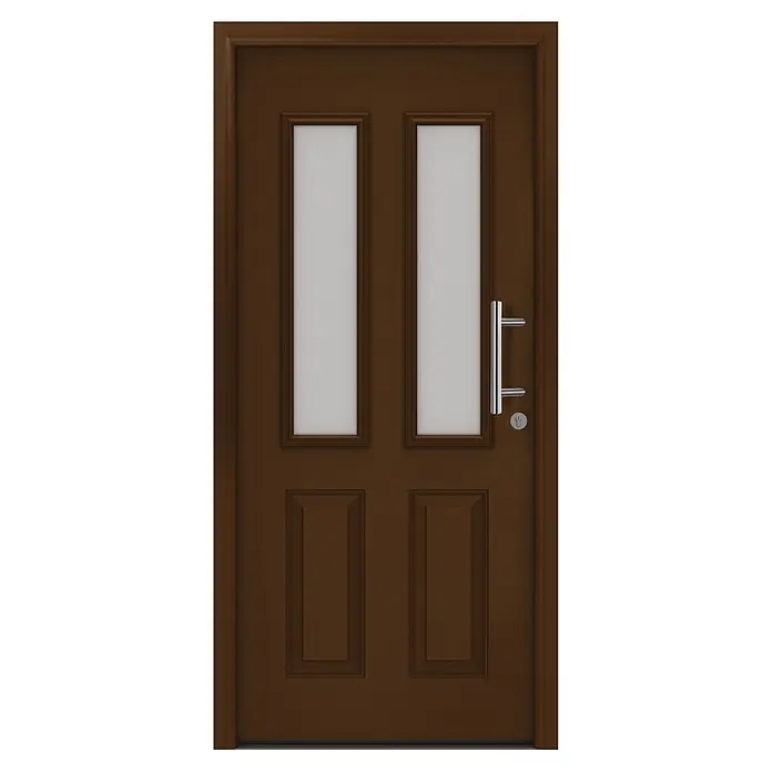 Hörmann EcoStar Haustür ISOPRO Secur IPS 410S - 110 x 210 cm, DIN Anschlag: Rechts, Terrabraun - Braune Tür mit zwei oberen Milchglasfeldern, zwei unteren Massivfeldern und einem silbernen Stangengriff mit Schloss.