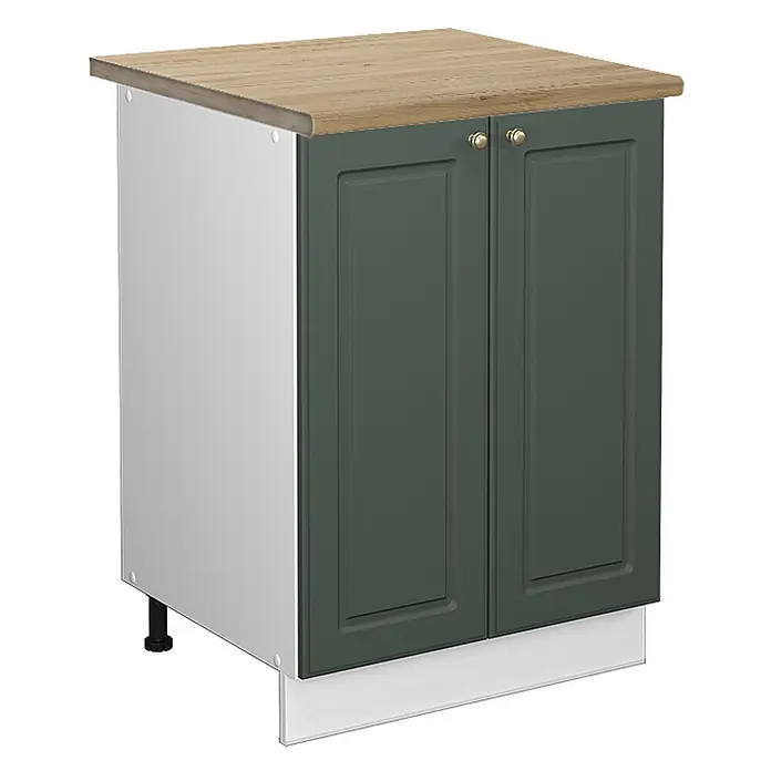 Vicco Schrankküche Fame-Line Grün-Gold Landhaus, AP Eiche - Grün-Gold Landhaus, Unterschrank 60 cm, AP Eiche - Dunkelgrüner Unterschrank mit Kassettentüren, Holzplatte und Messingknäufen.