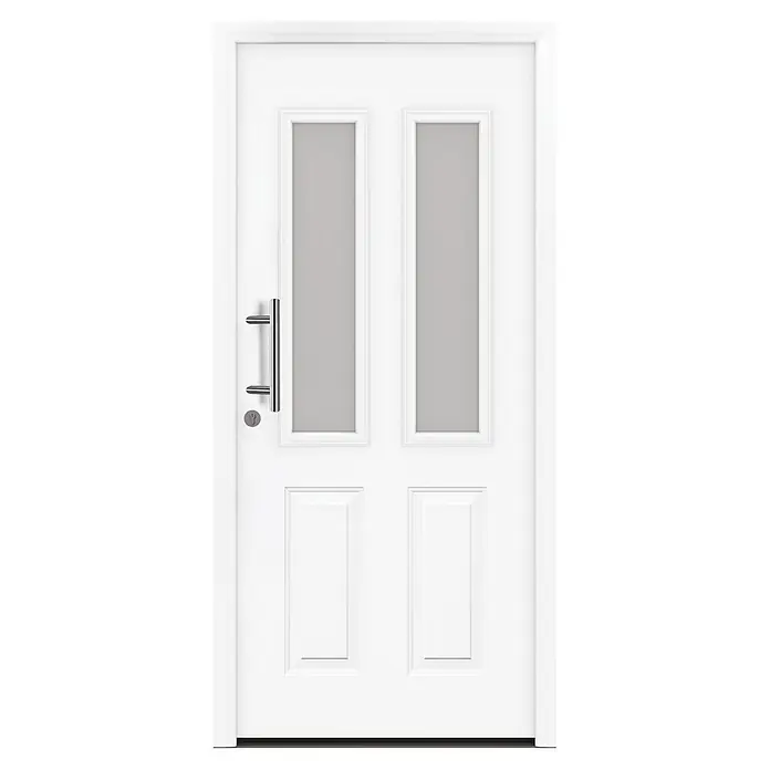 Hörmann EcoStar Haustür ISOPRO Secur IPS 410S - 110 x 210 cm, DIN Anschlag: Links, Verkehrsweiß - Moderne weiße Tür mit zwei vertikalen Milchglaseinsätzen und einem schlanken silbernen Stangengriff.