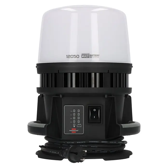 Brennenstuhl Mobiler LED-Strahler Multi Battery Hybrid - L x B x H: 28,6 x 28 x 37,8 cm, IP54 - Schwarz-weiße Brennenstuhl 18V LED-Arbeitsleuchte mit Netzkabel und Akkuanzeige.