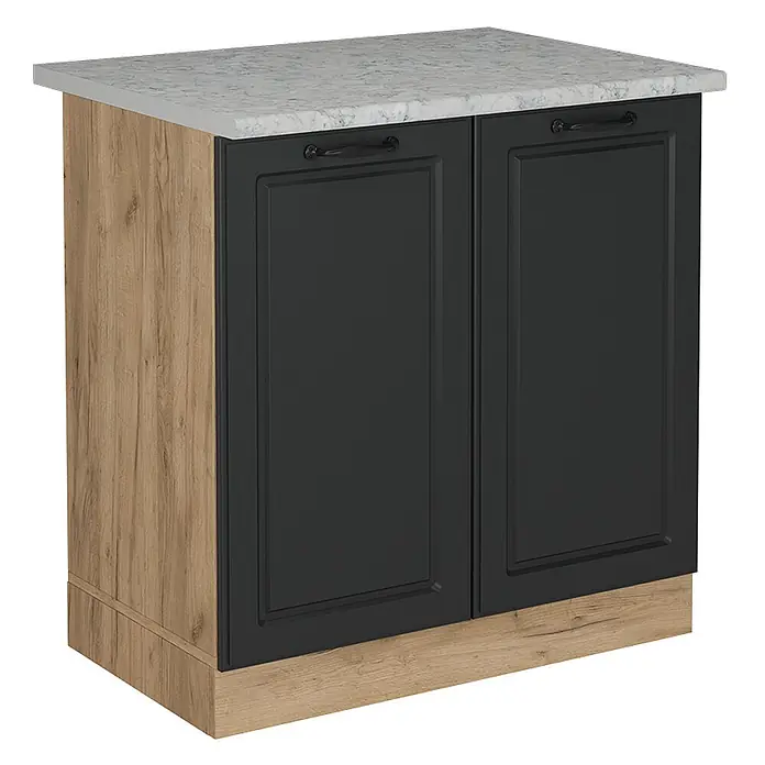 Vicco Schrankküche R-Line Anthrazit Landhaus AP Marmor - Anthrazit Landhaus, Spülenunterschrank 80 cm, AP Marmor - Unterschrank mit heller Marmorplatte, dunkelgrauen Paneeltüren und hellem Holzdekor an Seiten/Sockel.