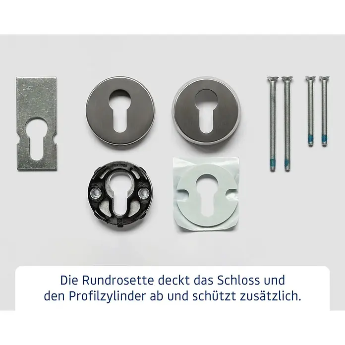 Hörmann EcoStar Haustür ISOPRO Secur IPS 410S - 110 x 210 cm, DIN Anschlag: Rechts, Graualuminium - Metall- und Kunststoff-Schlüssellochrosetten, Dichtung und Befestigungsschrauben für ein Türschloss, bieten Abdeckung und Schutz.