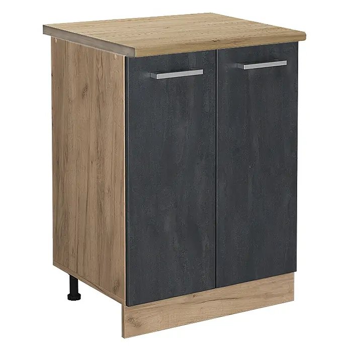Vicco Küchenunterschrank R-Line, Schwarz Beton, 60 cm -  - Zweitüriger Unterschrank mit heller Holzoptik-Platte/-Seite und dunkelgrauen Türen mit Metallgriffen.