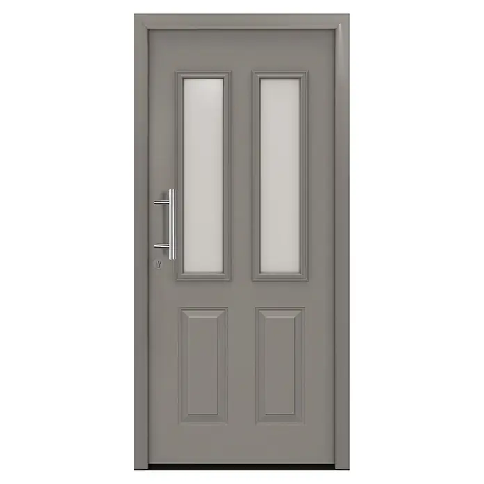 Hörmann EcoStar Haustür ISOPRO Secur IPS 410S - 110 x 210 cm, DIN Anschlag: Links, Graualuminium - Graue Tür mit zwei vertikalen Glasscheiben, langem silbernem Griff und Schloss.