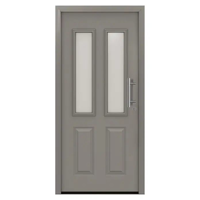 Hörmann EcoStar Haustür ISOPRO Secur IPS 410S - 110 x 210 cm, DIN Anschlag: Rechts, Graualuminium - Graue Eingangstür mit zwei Milchglasfeldern, zwei festen Paneelen und einem silbernen Griff.