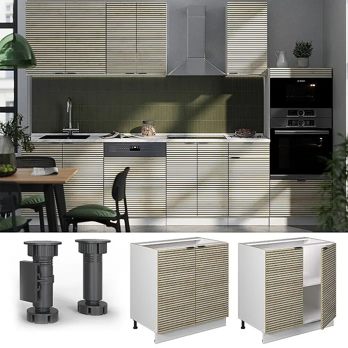 Vicco Schrankküche Fame-Line Eiche Paneel mit Regal, ohne Arbeitsplatte - Eiche Paneel, Unterschrank 80 cm - Moderne Küche mit hellen Holzlamellenfronten und verstellbaren Füßen für Unterschränke, in Gebrauch und einzeln gezeigt.