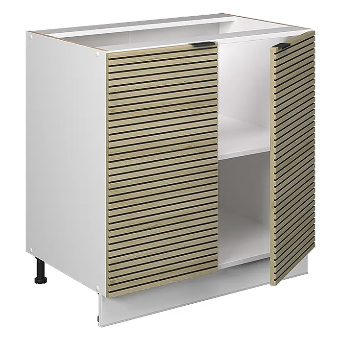 Vicco Schrankküche Fame-Line Eiche Paneel mit Regal, ohne Arbeitsplatte - Eiche Paneel, Unterschrank 80 cm - Weißer Unterschrank mit lamellierten hellen Holztüren, schwarzen Griffen, Einlegeboden und verstellbaren Füßen.