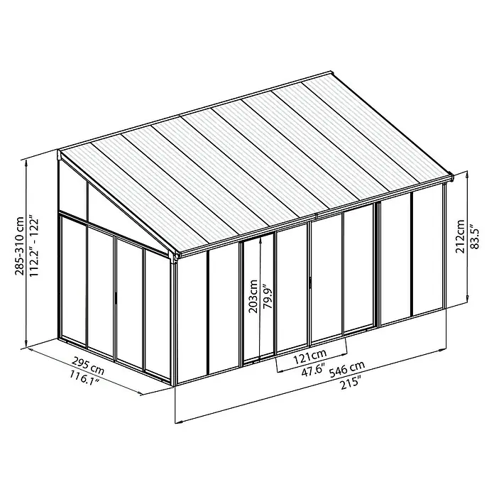 Palram – Canopia Wintergarten San Remo - B x T x H: 5,46 x 3 x 3,1 m, Verkehrsweiß - Illustration eines Gewächshauses mit Maßangaben zu Höhe, Breite und Länge in Zentimetern und Zoll.