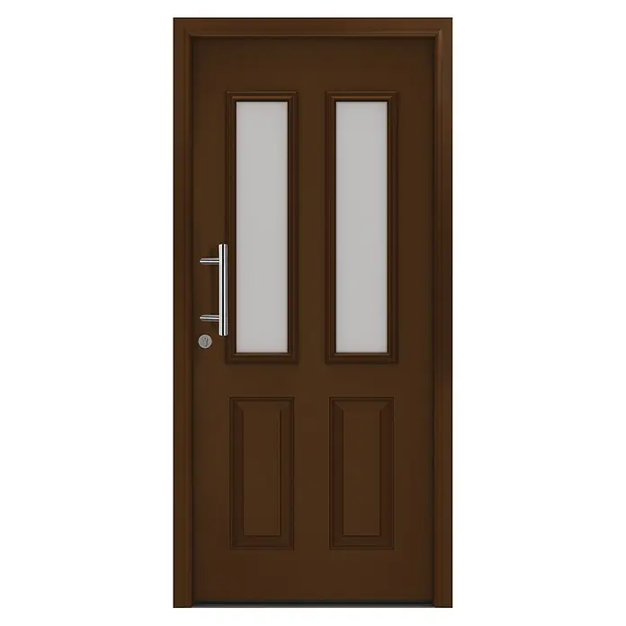 Hörmann EcoStar Haustür ISOPRO Secur IPS 410S - 110 x 210 cm, DIN Anschlag: Links, Terrabraun - Braune Tür mit zwei Glaspaneelen, silbernem Griff und Schlüsselloch.