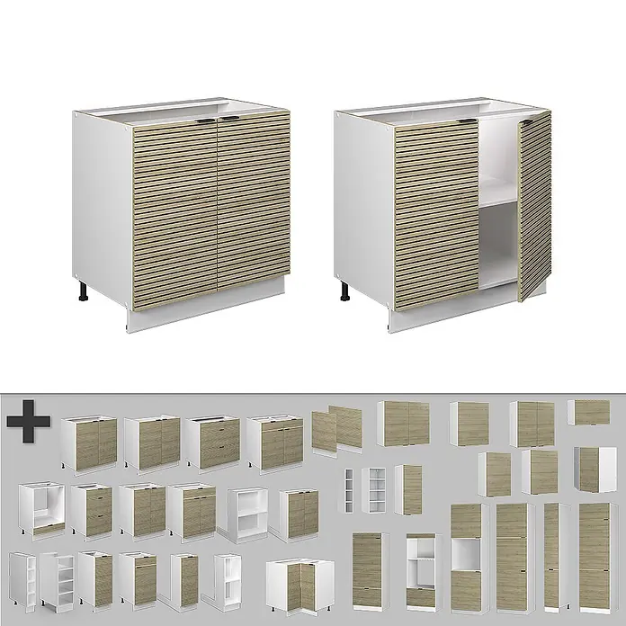 Vicco Schrankküche Fame-Line Eiche Paneel mit Regal, ohne Arbeitsplatte - Eiche Paneel, Unterschrank 80 cm - Küchenunterschränke mit hellen Holzlamellenfronten und weißen Korpus, teils offen mit Regalen. Verschiedene passende Schranksysteme.