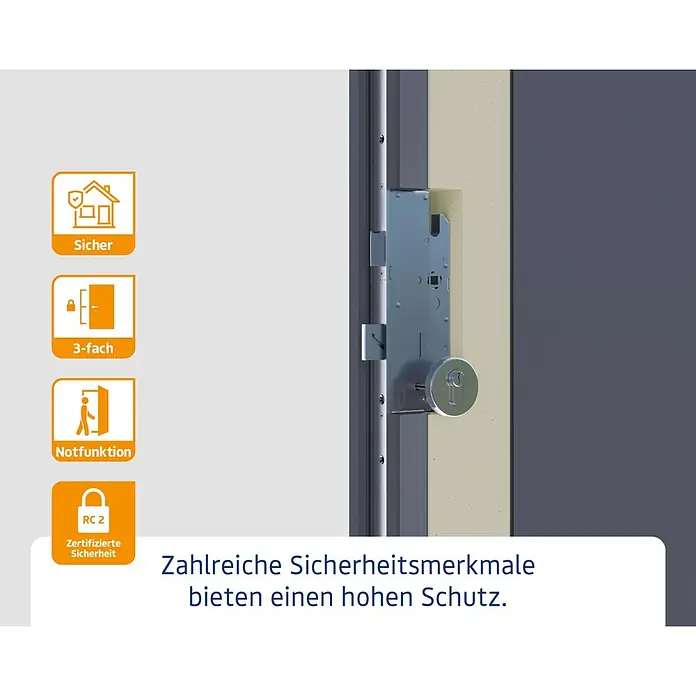 Hörmann EcoStar Haustür ISOPRO Secur IPS 410S - 110 x 210 cm, DIN Anschlag: Rechts, Graualuminium - Nahaufnahme eines metallischen Mehrpunkt-Türschlossmechanismus in dunkler Tür, mit Icons für RC 2-Sicherheit, 3-fach-Verriegelung und Notfunktion.