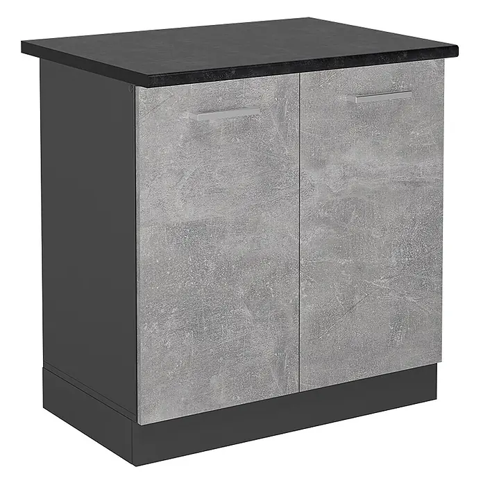 Vicco Schrankküche R-Line Beton, AP Anthrazit - Beton, Spülenunterschrank 80 cm - Dunkelgrauer Küchenunterschrank mit grauen Beton-Türen und silbernen Griffen.