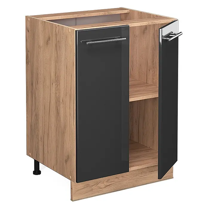 Vicco Schrankküche Fame-Line Anthrazit Hochglanz, AP Eiche - Anthrazit Hochglanz, Unterschrank 60 cm, AP Eiche - Küchenunterschrank in Holzoptik mit glänzenden dunkelgrauen Türen und Chromgriffen, eine Tür offen mit Regalen.