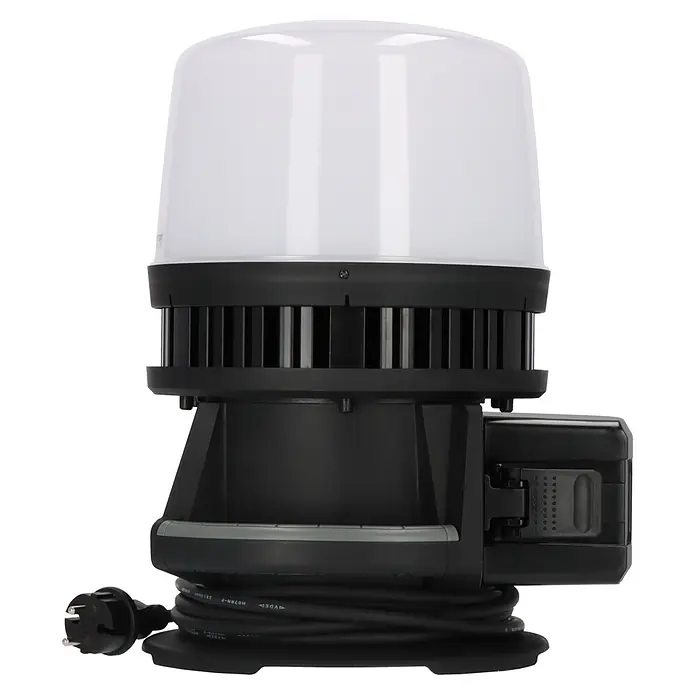Brennenstuhl Mobiler LED-Strahler Multi Battery Hybrid - L x B x H: 28,6 x 28 x 37,8 cm, IP54 - Schwarz-weiße LED-Arbeitsleuchte mit mattiertem Diffusor und aufgewickeltem Netzkabel.