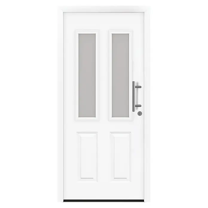 Hörmann EcoStar Haustür ISOPRO Secur IPS 410S - 110 x 210 cm, DIN Anschlag: Rechts, Verkehrsweiß - Weiße moderne Tür mit zwei rechteckigen Milchglasscheiben, einem silbernen Stangengriff und einem Schloss.
