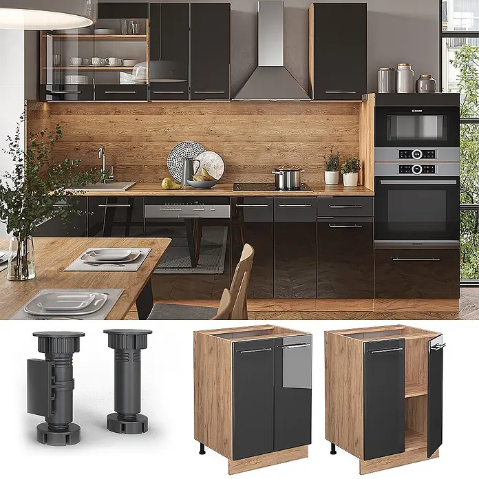 Vicco Schrankküche Fame-Line Anthrazit Hochglanz, AP Eiche - Anthrazit Hochglanz, Unterschrank 60 cm, AP Eiche - Modulares Küchensystem mit schwarzen Hochglanzfronten, Holzdekor-Korpus und verstellbaren Füßen. In moderner Küche dargestellt.