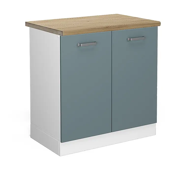 Vicco Schrankküche R-Line Blau-Grau, AP Eiche - Blau-Grau, Spülenunterschrank 80 cm, AP Eiche - Zweitüriger Aufbewahrungsschrank mit heller Holzplatte, graublauen Türen und weißem Rahmen.