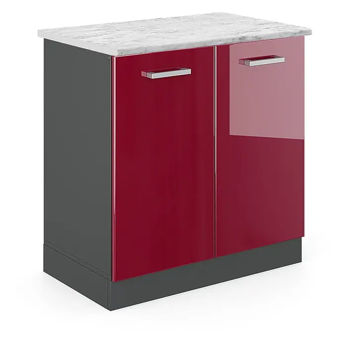 Vicco Schrankküche R-Line Rot Hochglanz AP Marmor - Rot Hochglanz, Spülenunterschrank 80 cm, AP Marmor - Roter Hochglanz-Unterschrank mit zwei Türen, dunkelgrauem Rahmen, silbernen Griffen und weißer Marmor-Effekt-Platte.