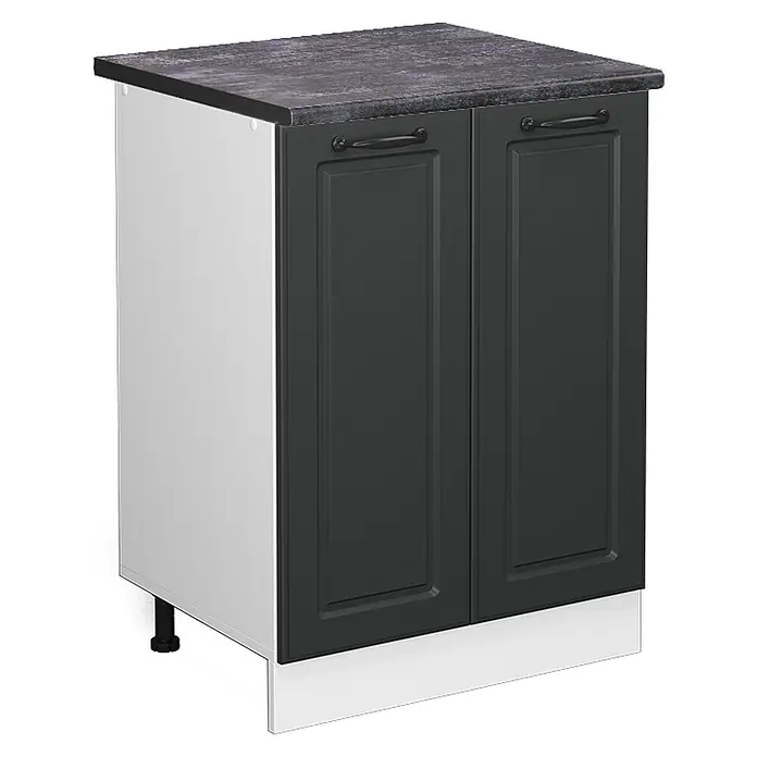 Vicco Schrankküche R-Line Anthrazit Landhaus, AP Anthrazit - Anthrazit Landhaus, Unterschrank 60 cm - Dunkelgrauer Küchenunterschrank mit zwei Paneeltüren, schwarzen Griffen, dunkler Arbeitsplatte und weißer Seitenwand mit Sockel.