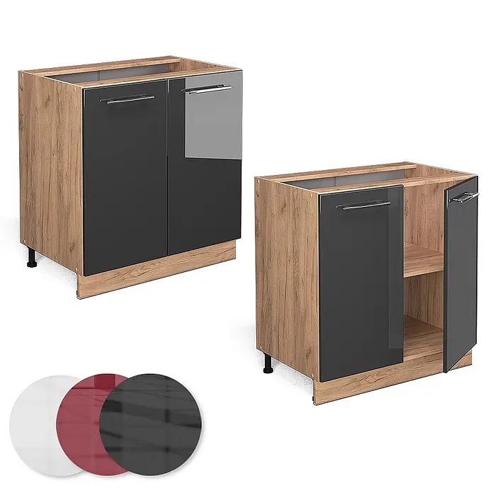 Vicco Schrankküche Fame-Line Anthrazit Hochglanz mit Regal, AP Marmor - Anthrazit Hochglanz, Unterschrank 80 cm, AP Marmor - Küchenunterschrank aus hellem Holzdekor mit dunkelgrauen Hochglanztüren, geschlossen und offen mit Regal dargestellt.