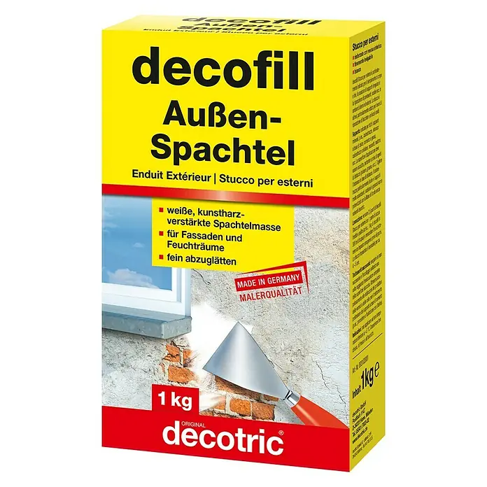 Decotric Zement-Spachtelmasse decofill außen - 1 kg - Produktbild von decofill Außen-Spachtel, einer weißen, kunstharzverstärkten Spachtelmasse für Fassaden und Feuchträume.